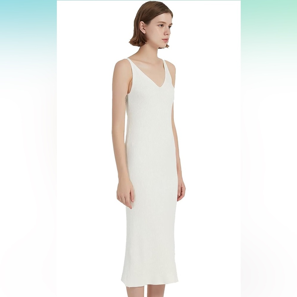 Sleeveless Sweater Knit Slim V Neck Bodycon Midi Stretchable Ribbed Dress